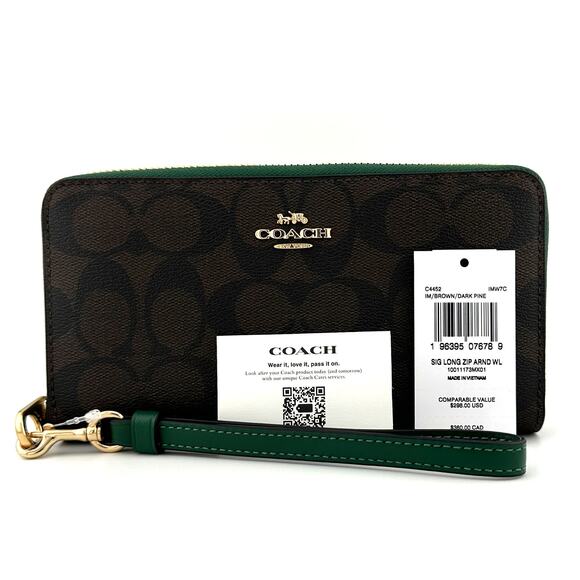 Coach Long Zip Around Wallet in Signature Canvas Brown Dark Pine Green C4452 - Picture 8 of 8